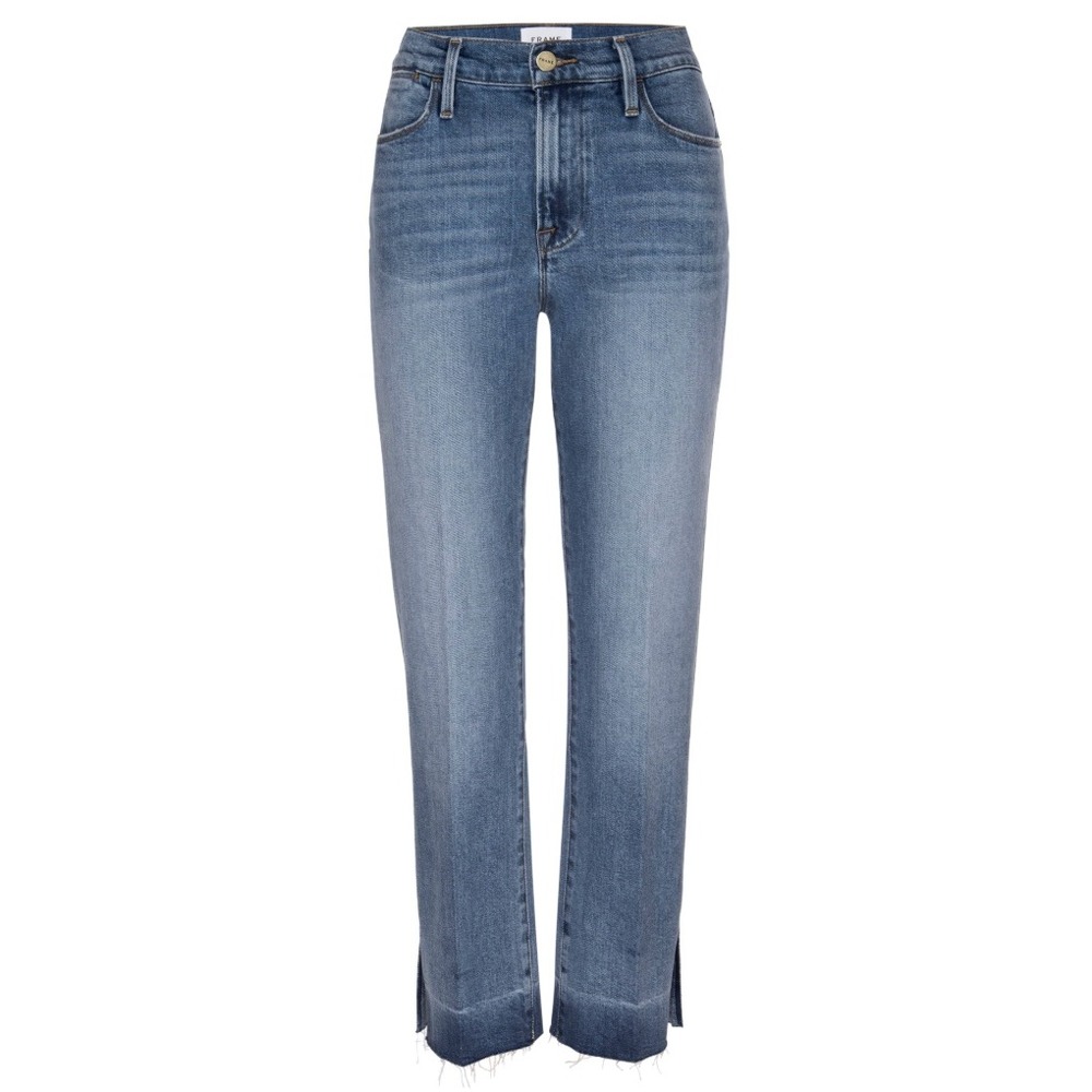 FRAME Le High Straight Jeans Imogen Dip Raw Stepped Hem Blue Denim 26 Preppy 90s